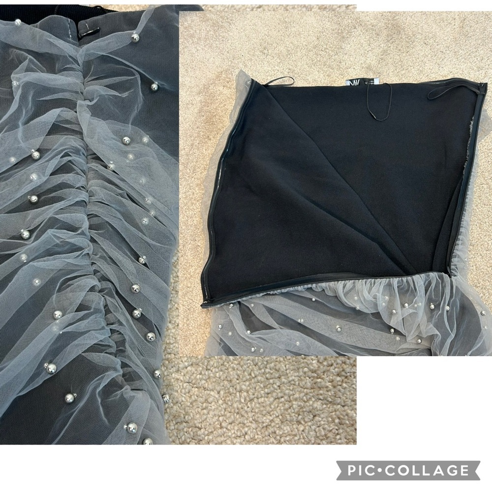 Zara gray strapless gathered draped ruched mesh tulle pearl embellished dress L - Picture 12 of 15